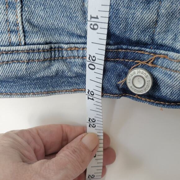 Kensie Embellished Distressed Jean Jacket Women M Denim Blue Long Sleeve Patches - Picture 5 of 12